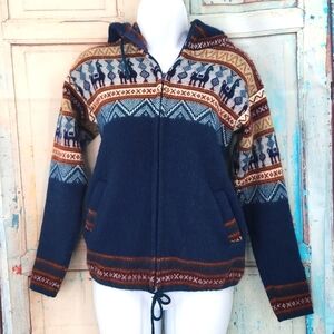 Artesanias Tuntaquimba LLama Print Wool Cardigan Sweater